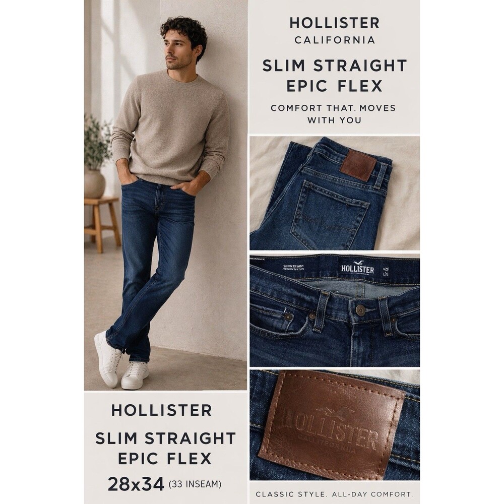Hollister Slim Straight Jeans 28x34 (33 Inseam) Dark Wash Epic Flex Mens